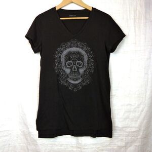 Skull Rose Graphic Tunic Top Women Size Free M/L Black Gothic Tee V-neck Y2K